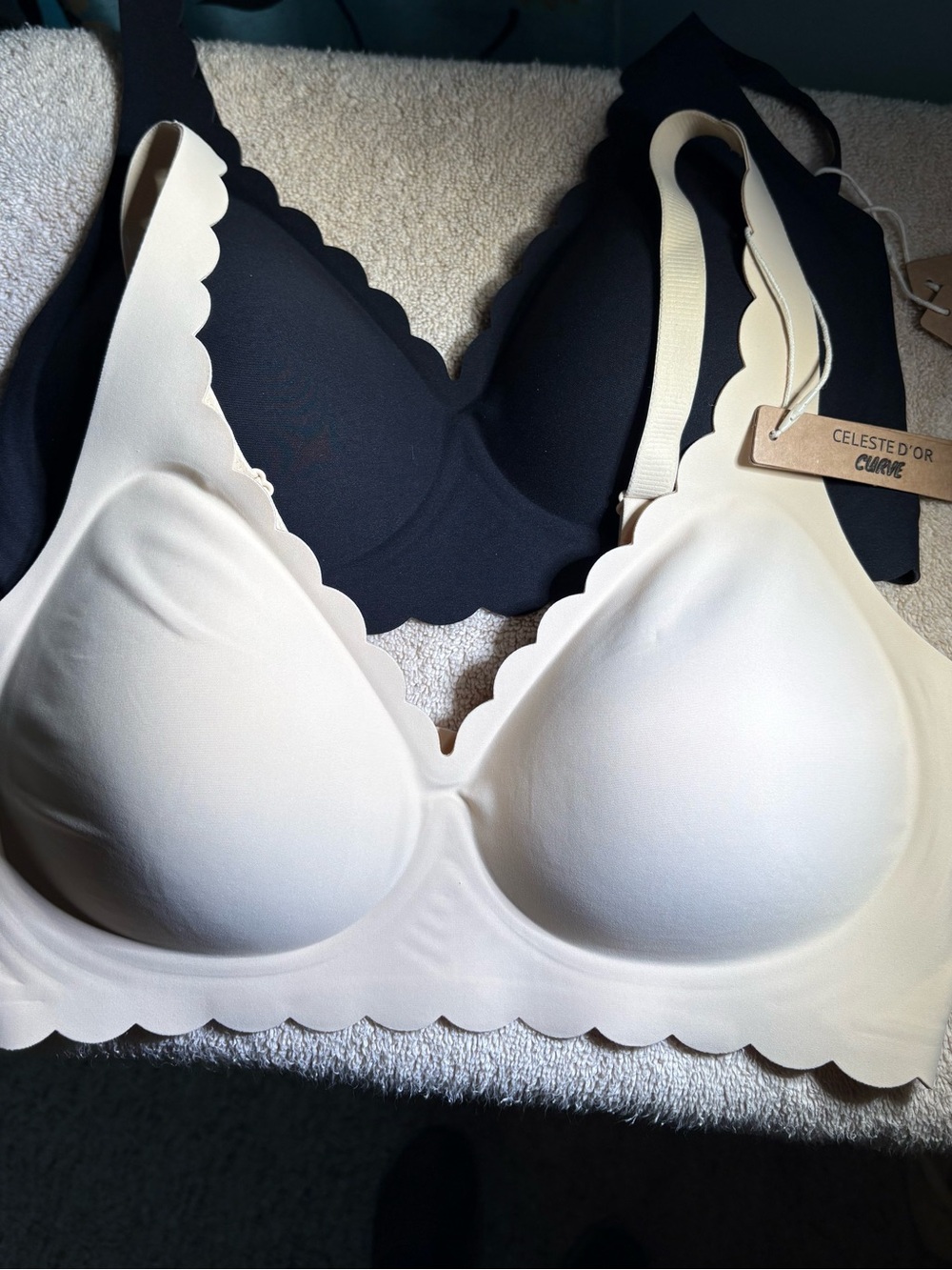 2 Celeste Scallop-Edge Seamless Bralettes in Black & Cream .